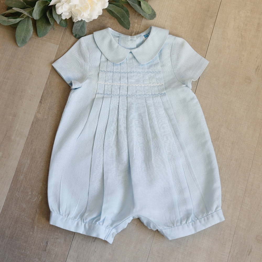 Blue Linen Romper Boutique Luli & Me Boys 3/6 Months PERFECT LIKE NEW